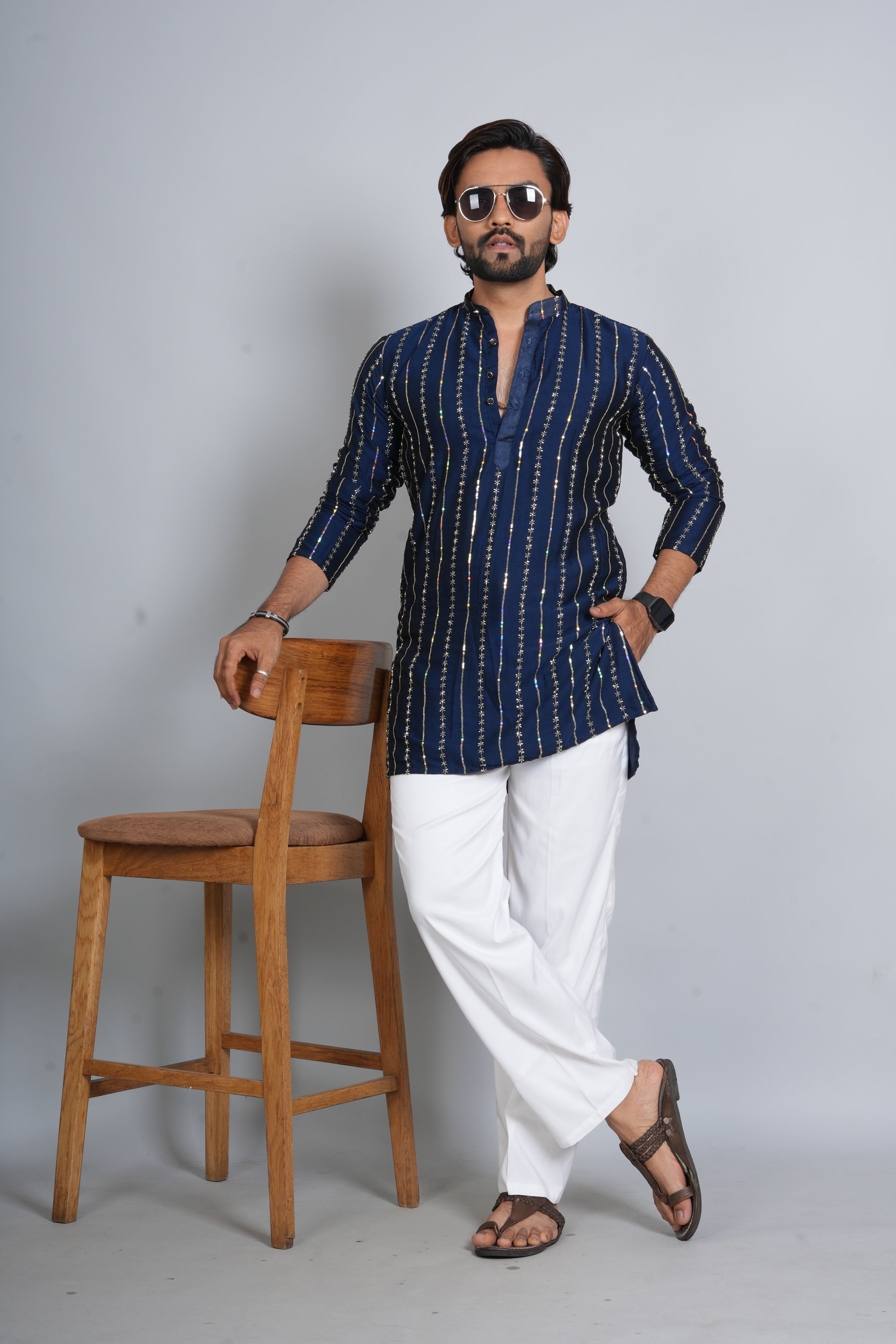 Hand Work Navy Blue Kurta Pajama