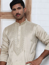 Men's Cream Silk-Blend Sequinned Embroidered Kurta