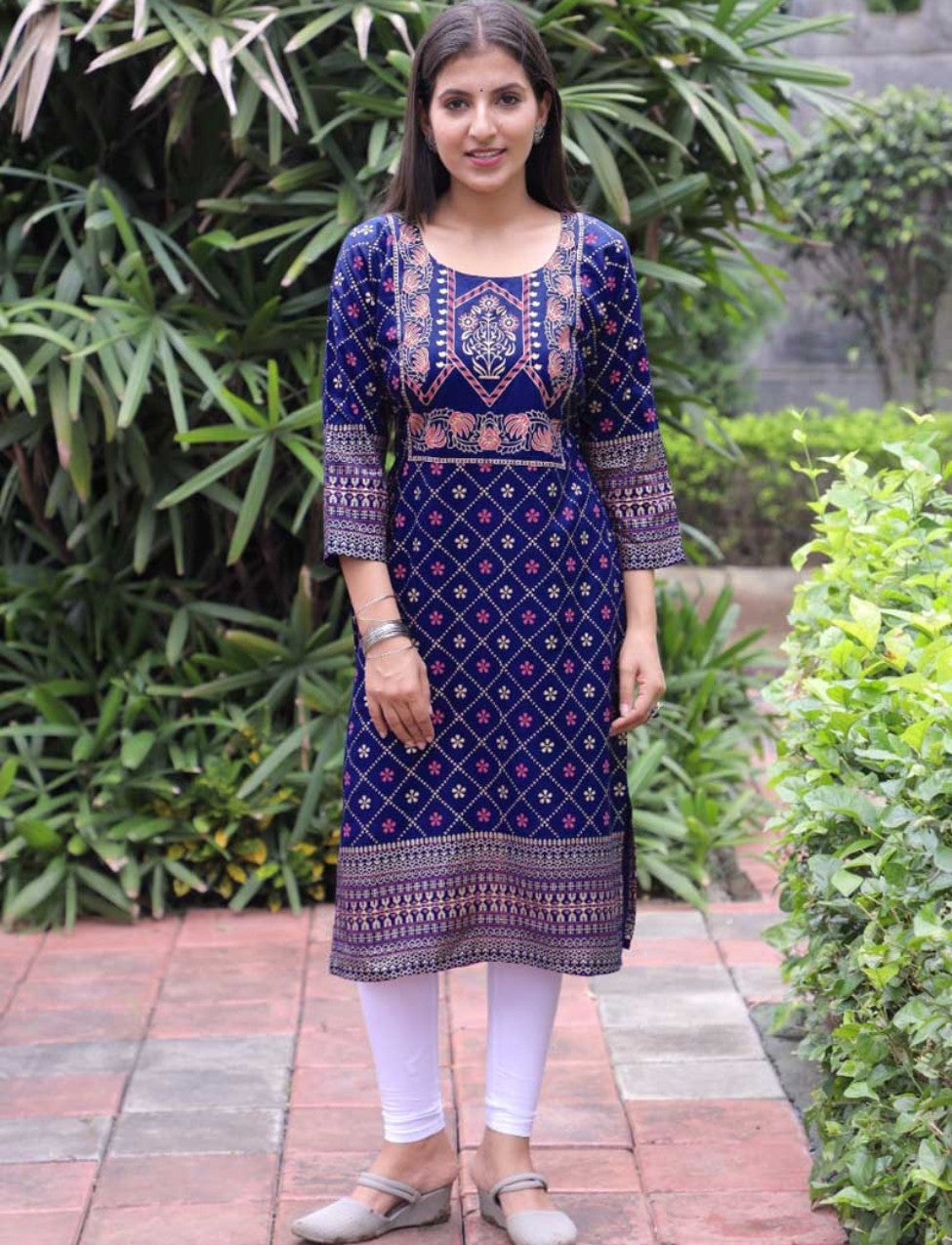 blue printed kurti women