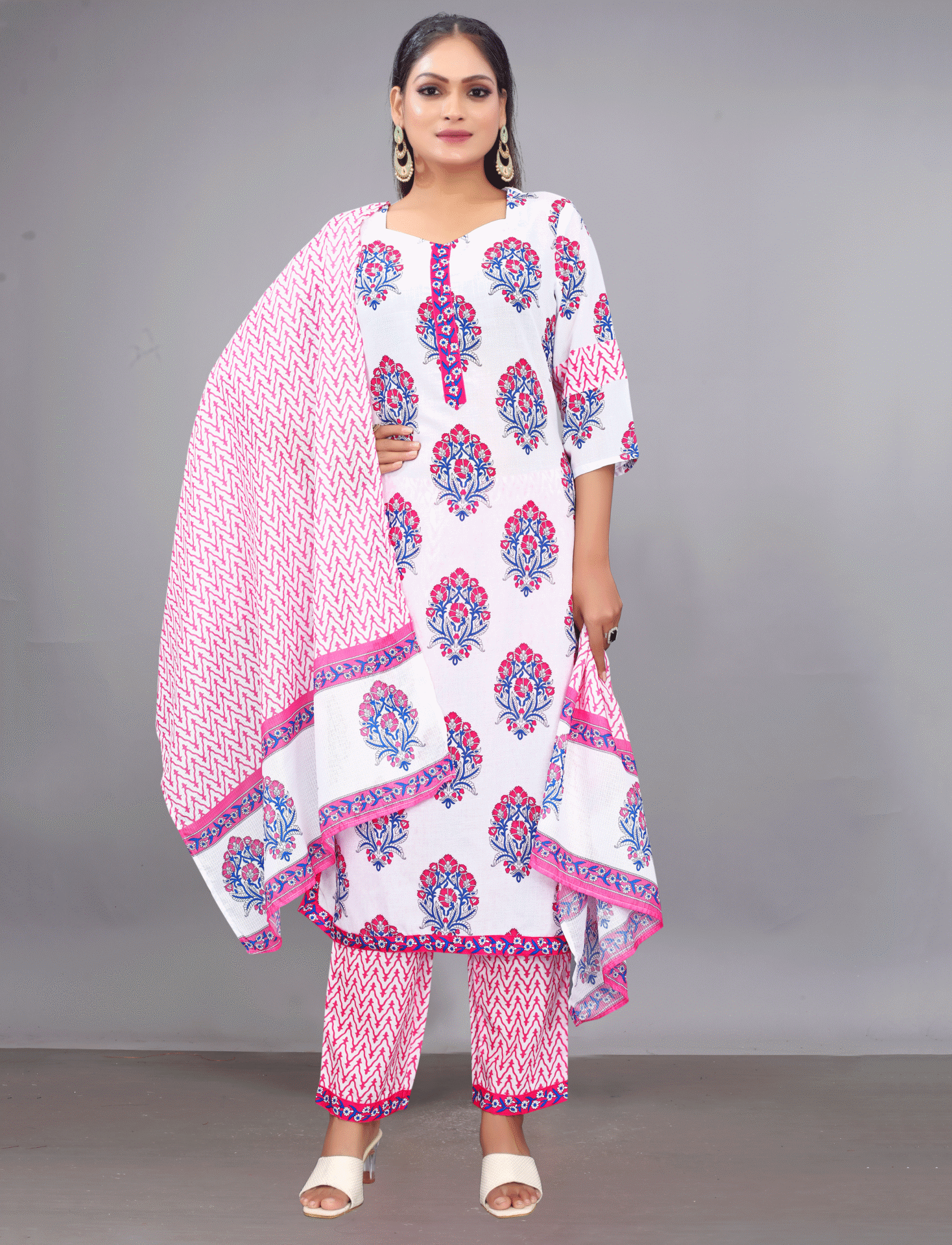 Cotton White Printed Suit