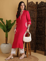 Solid Straight 3/4 Sleeves V-Neck Kurta