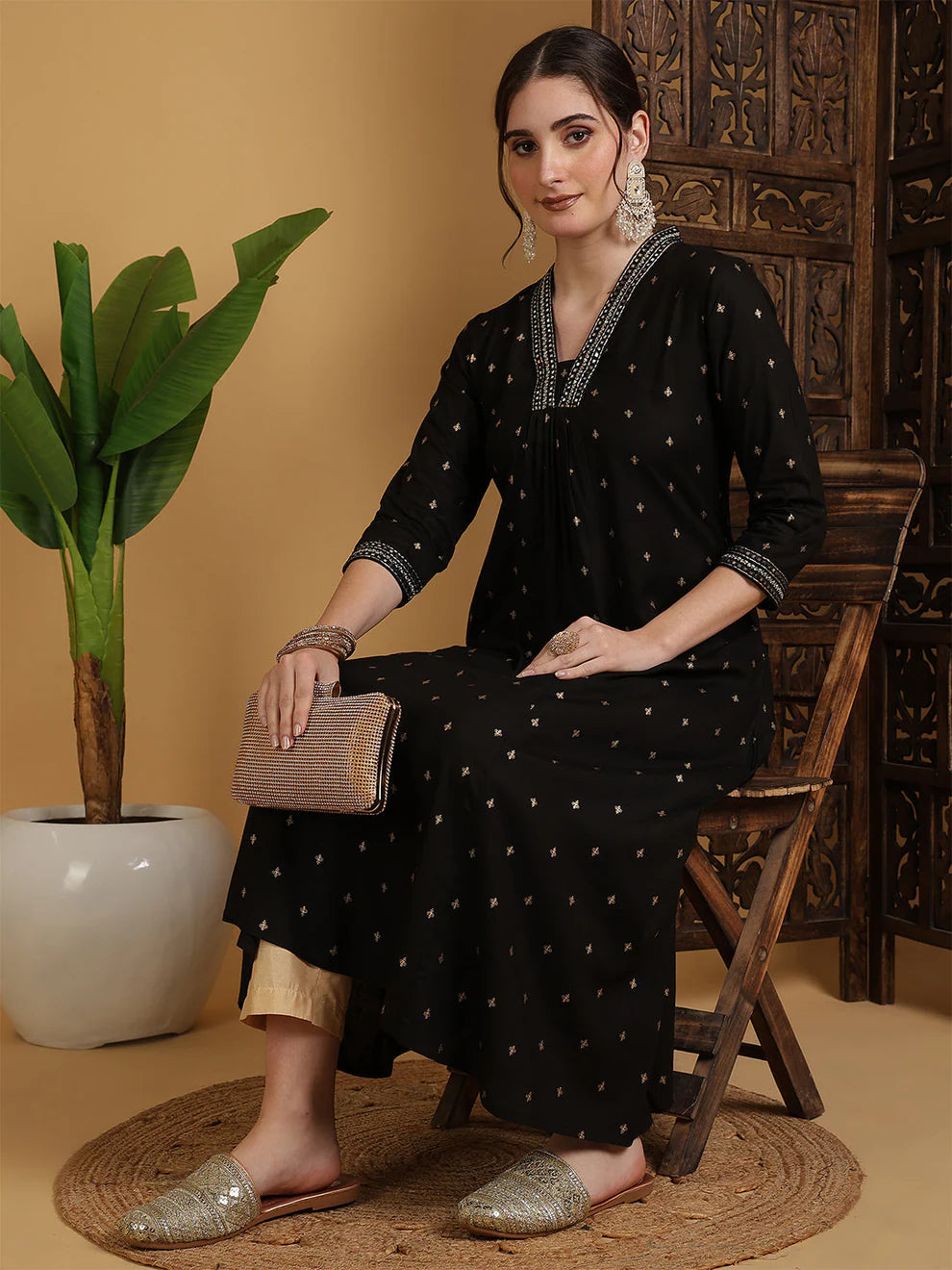 Black Anarkali Printed Kurti Women