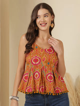 Orange Printed Sleeveless Top