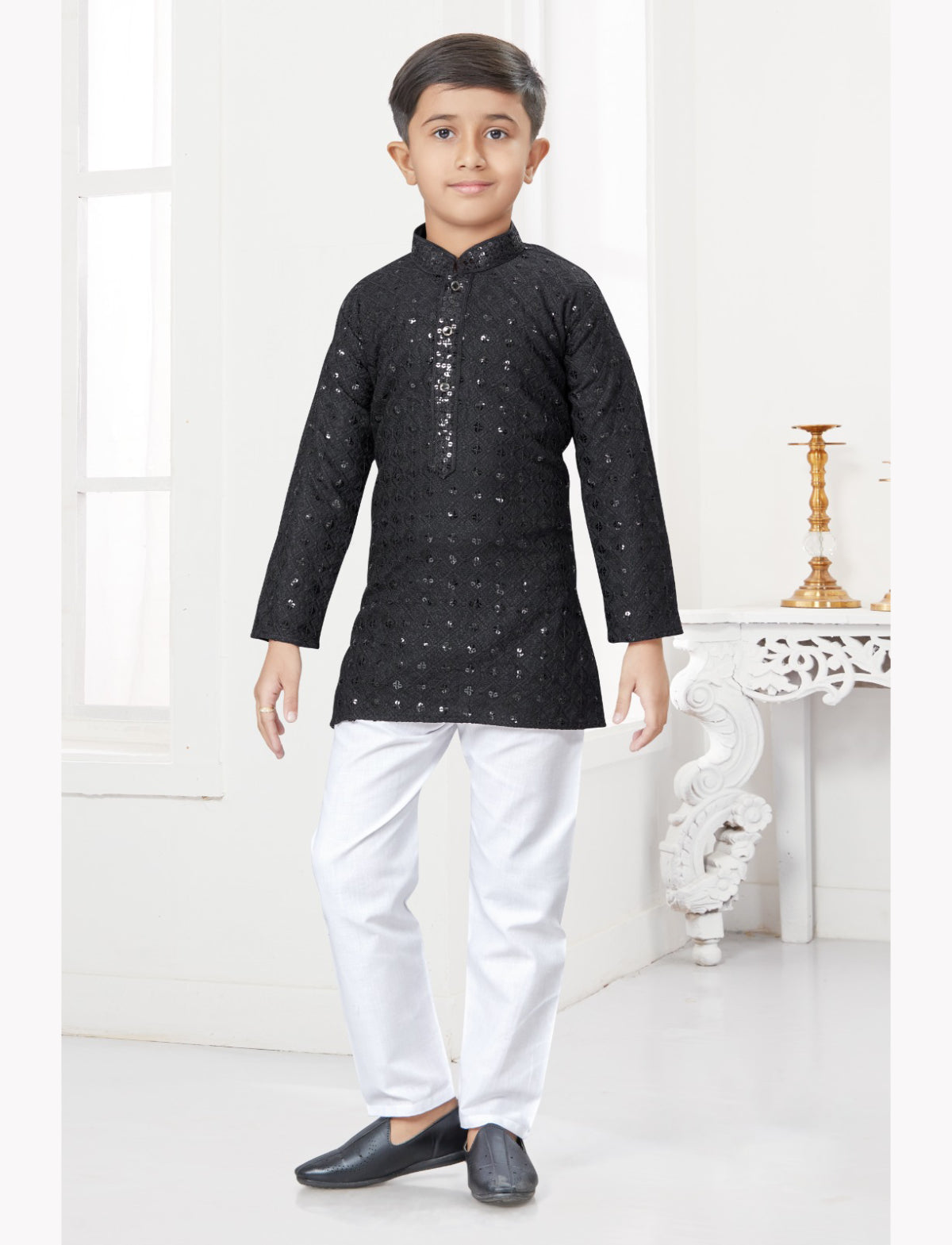 Black Chikankari Kurta Pajama Boys - IndiFeels Australia.