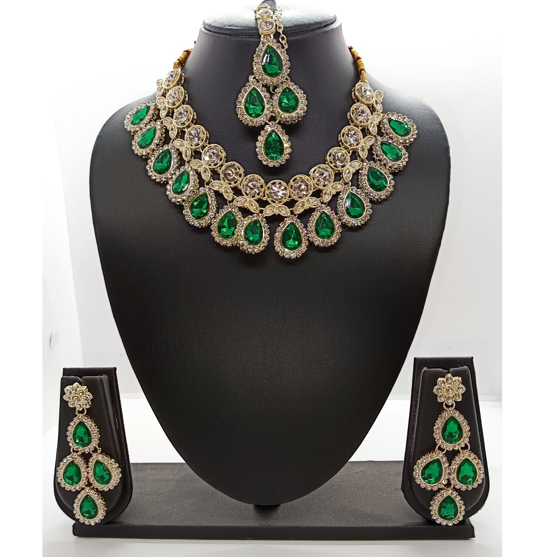 Green Stone Necklace with Earrings And Maang Tikka