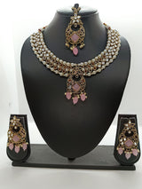 Pink Kundan Necklace with earrings and maang tikka