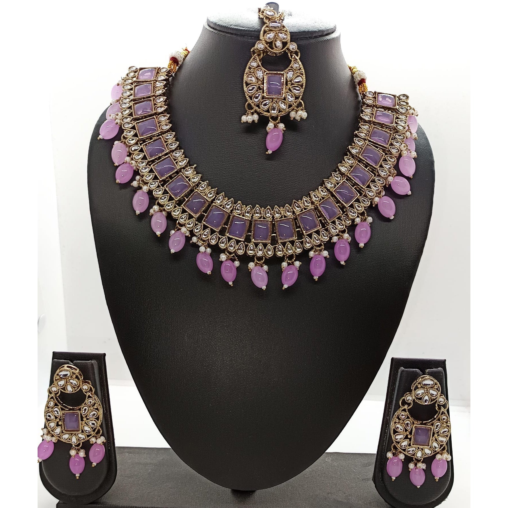 Purple Kundan Necklace With Earrings And MaangTikka