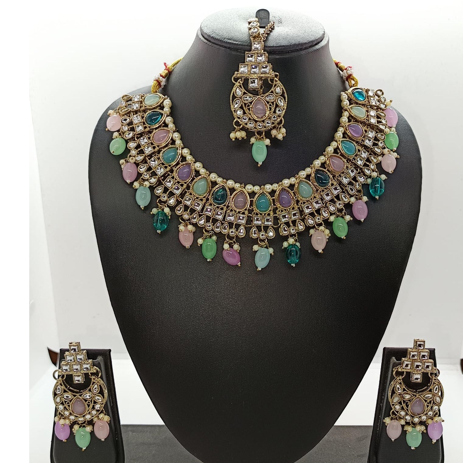 Multi Color Kundan Necklace With Earrings And MaangTikka
