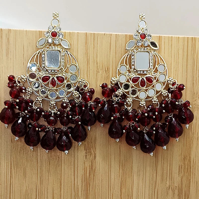 Maroon Kundan Mirror Design Earrings