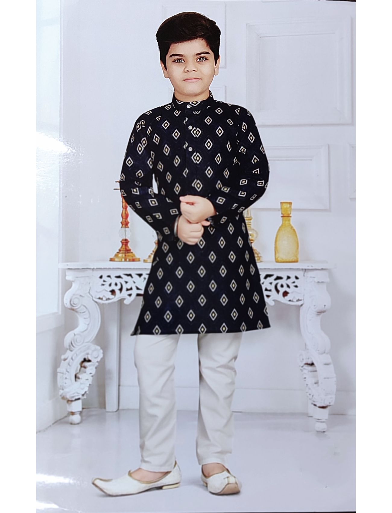 Navy Blue Boys Printed Kurta Pajama