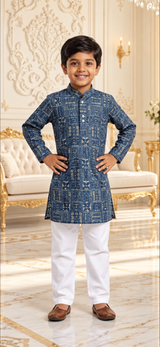 Boys Printed Indigo Blue Kurta Pajama Set