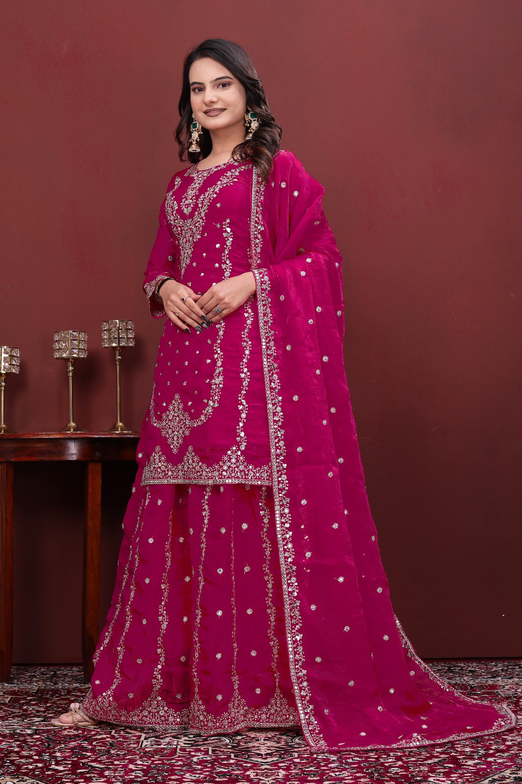 Pink Embroidered Plazo Suit