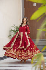 Marron GownWith Embroidery Dupatta