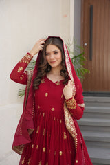 Marron GownWith Embroidery Dupatta