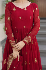 Marron GownWith Embroidery Dupatta