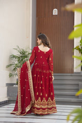 Marron GownWith Embroidery Dupatta