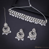 Silver Necklace Set With Earrings & Tikka