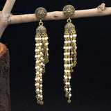 Long Oxidised Golden Pearl Earrings