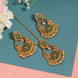 Green Kundan Earrings With Maang Tikka
