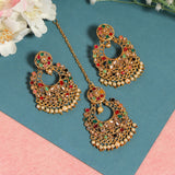 Multi Colour Golden Earrings With Maang Tikka
