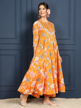 Cotton Calf Length Printed FlaredRound Neck Kurta Bottom Dupatta Set