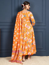 Cotton Calf Length Printed FlaredRound Neck Kurta Bottom Dupatta Set