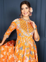 Cotton Calf Length Printed FlaredRound Neck Kurta Bottom Dupatta Set