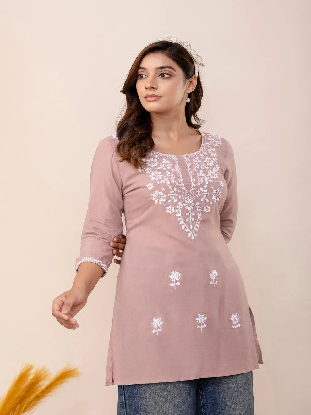 Rayon Mauve Embroidered Short Top