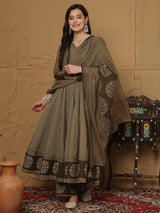 Brown Cotton Anarkali Kurti Set