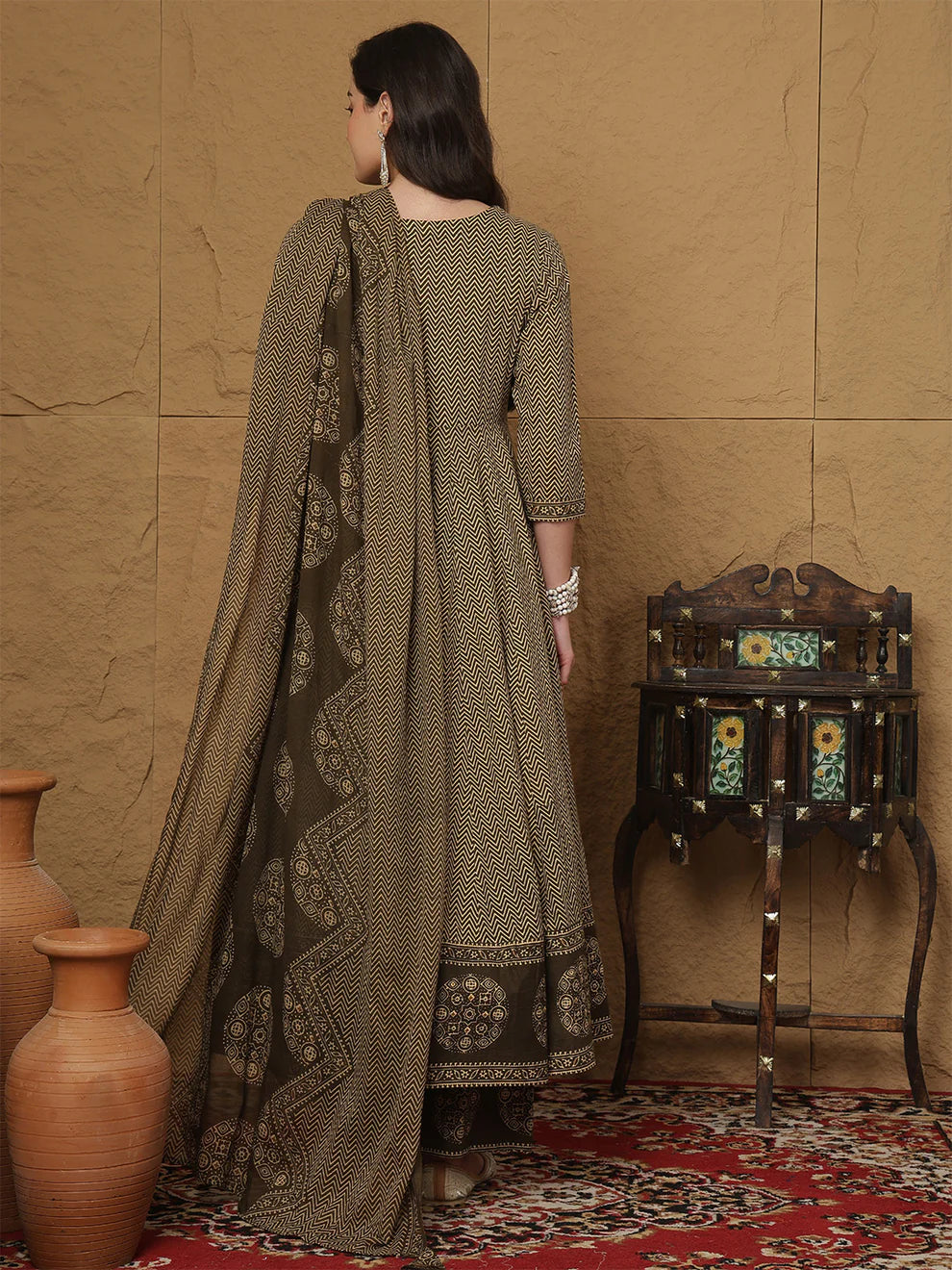 Brown Cotton Anarkali Kurti Set