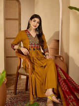 Rayon Mustard Printed Embroidered Suit