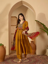 Rayon Mustard Printed Embroidered Suit