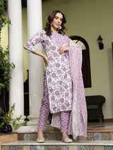 Floral Printed Cotton Straight Kurta Pant Dupatta Set