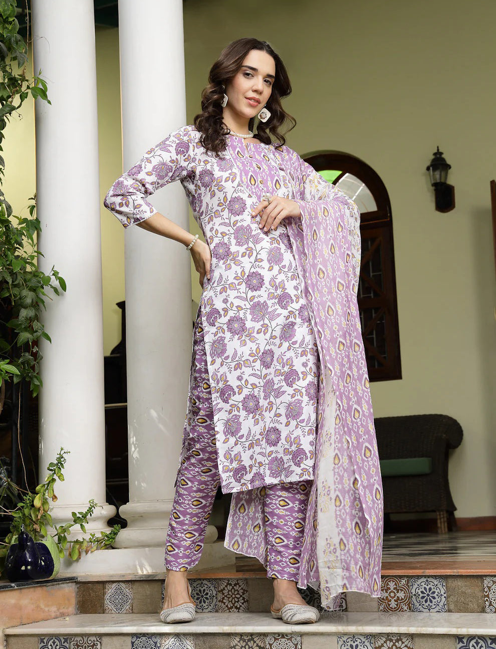 Floral Printed Cotton Straight Kurta Pant Dupatta Set