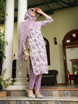 Floral Printed Cotton Straight Kurta Pant Dupatta Set