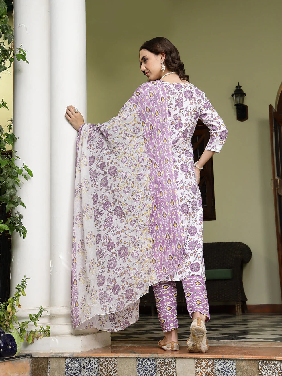 Floral Printed Cotton Straight Kurta Pant Dupatta Set