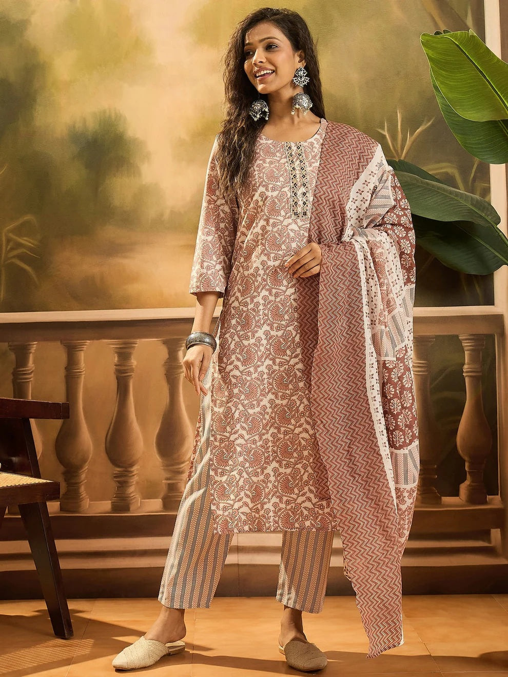 Pink Floral Straight Kurta Set
