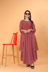 Maroon Anarkali Printed Suit with Dupatta