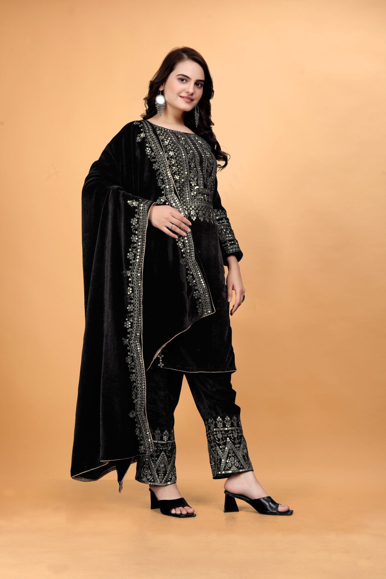 Black Velvet Embroidered Plazo Suit