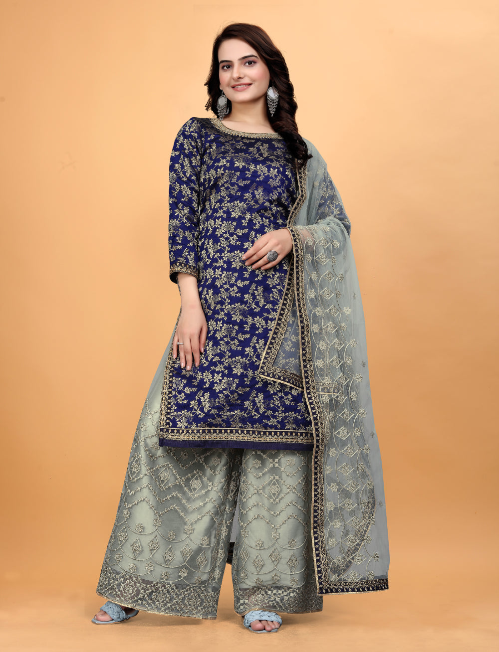 blue heavy embroidered plazo suit