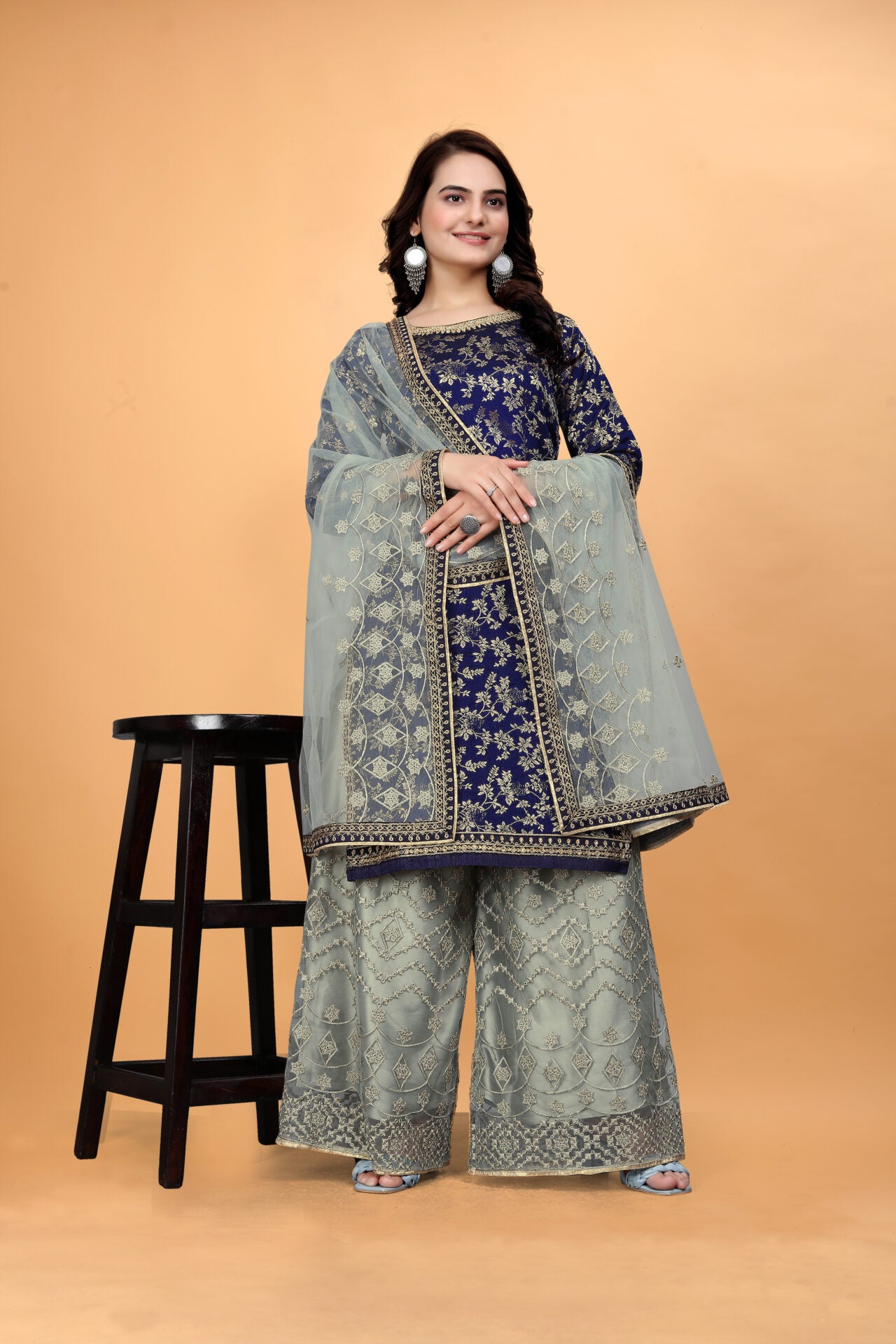 Blue Heavy Embroidered Plazo Suit Women