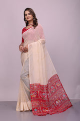 Chiffon Cream Red Saree