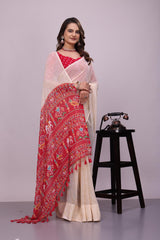 Chiffon Cream Red Saree
