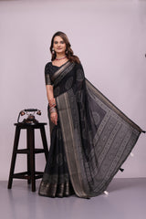 Women Black Cotton Print Saree