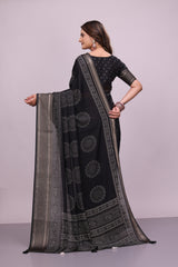 Women Black Cotton Print Saree