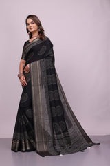 Women Black Cotton Print Saree