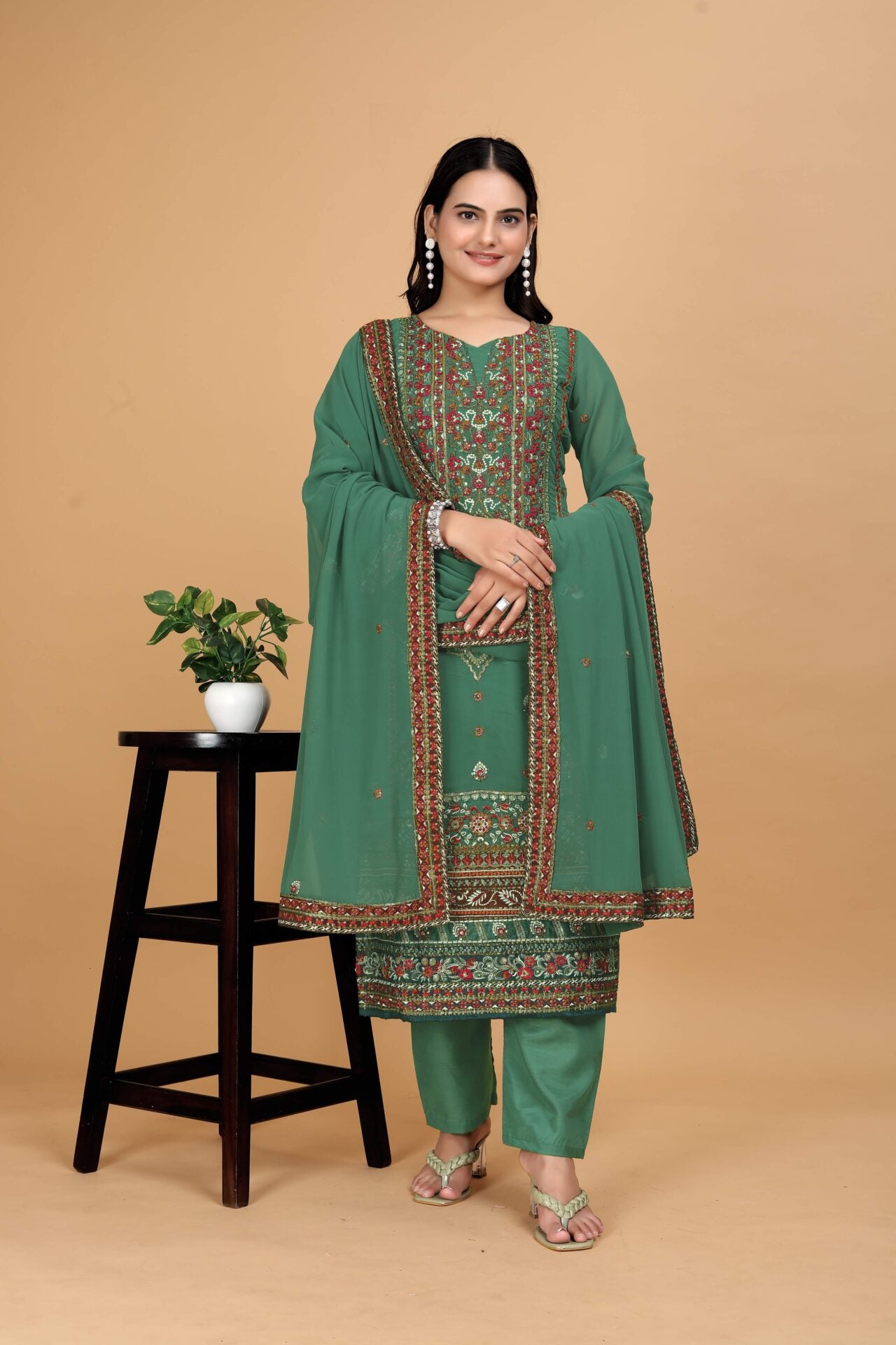 Green Embroidered Georgette Suit Women