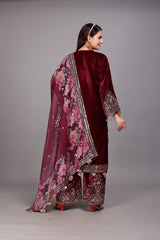 Maroon Velvet Embroidered Plazo Suit