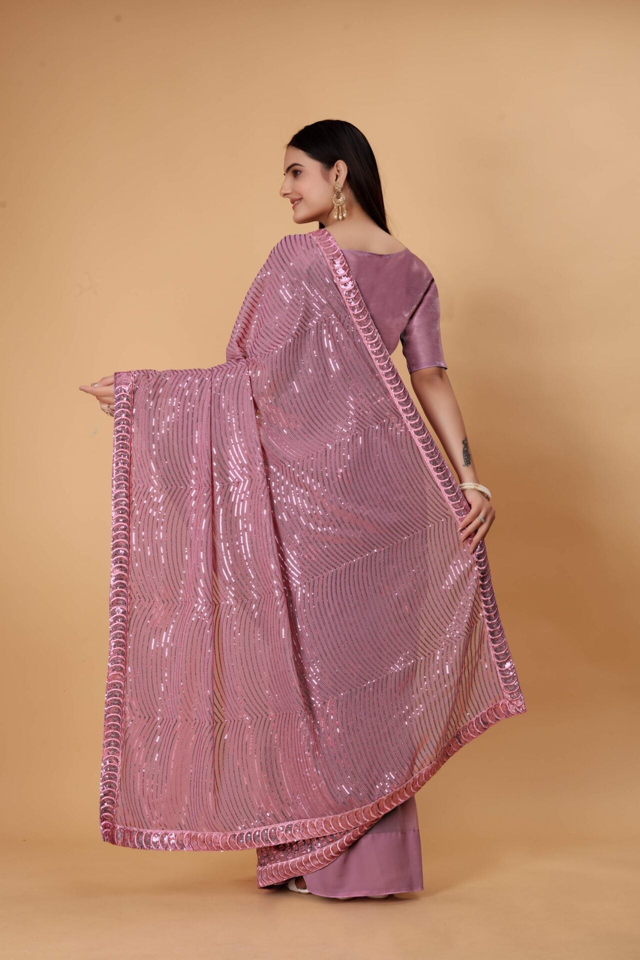Pink Georgette Sequin Saree Women