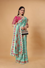 Pink Blue Party Wear Saree